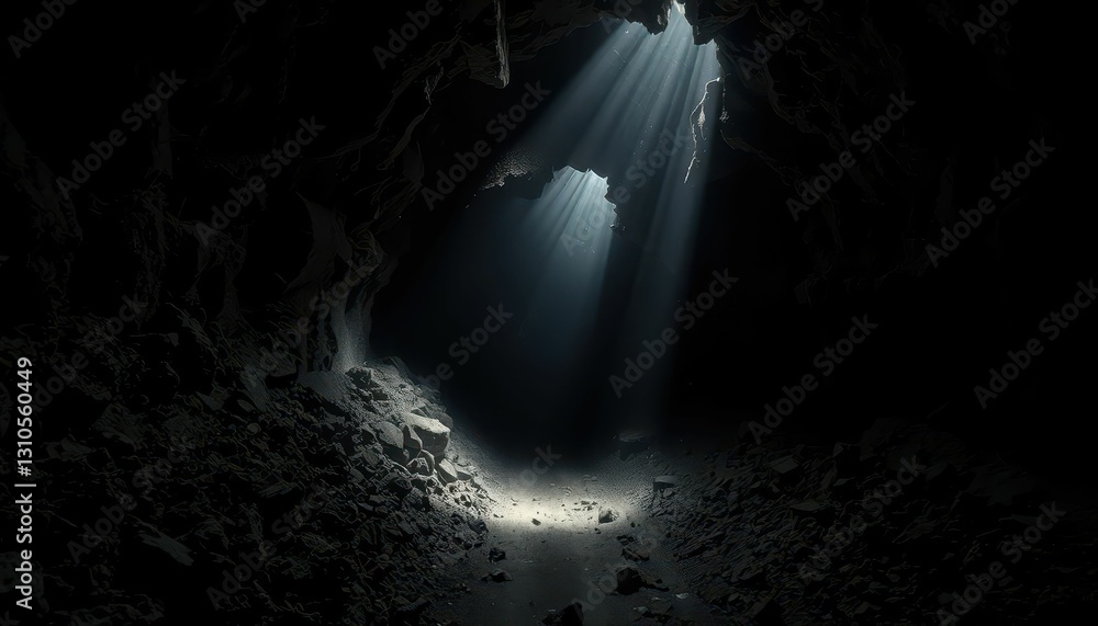 Poster light rays streaming through cave opening illuminating dark space
