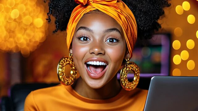 Joyful Young Woman with Laptop,  Orange Outfit and Gold Earrings, Surprised Expression