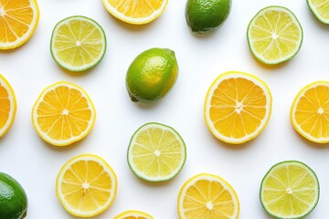 Fresh lemon and lime slices arranged in a vibrant pattern on a clean white background for a refreshing citrus theme