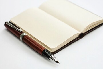 Notebook and pen arranged on white background for minimalist workspace setup promoting creativity and organization