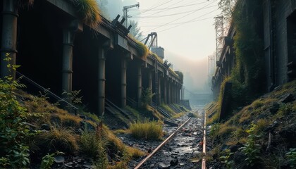 Naklejka premium Abandoned Railway with Overgrown Vegetation in Misty Environment