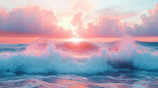 Surfer catching vibrant waves at sunset with dynamic ocean spray under a soft pink and blue sky