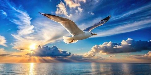 A solitary seagull soaring overhead amidst a vast clear blue sky with white puffy clouds and a subtle hint of sunlit ocean waves in the distance, clear blue sky, sunset