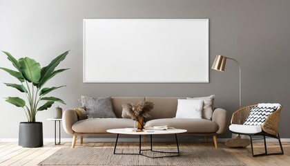 Scandinavian Minimalist Living Room Mock Up, Bold Geometric Patterns Combining Neutral Hues and Natural Textures for a Cozy and Modern Aesthetic.
