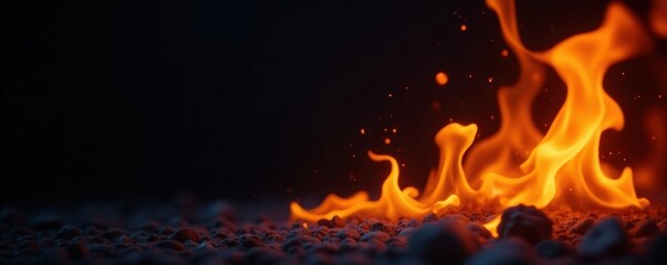 Fototapeta premium Bright orange embers against black background , realistic, photography