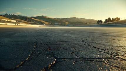 Cracked racetrack stretches into hazy hills under a sunny, expansive sky