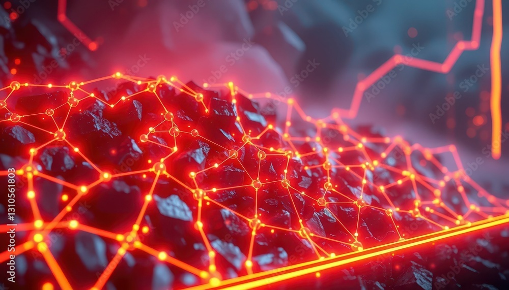 Poster abstract red network over dark surface with glowing lines and nodes
