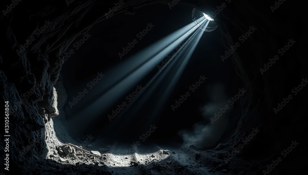 Poster light rays streaming through cave opening illuminating dark space