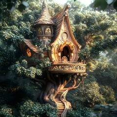 Fototapeta premium Ornate Fairytale Treehouse in Enchanted Forest Landscape