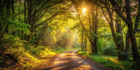 Obraz premium Warm sunlight filters through leafy branches onto a winding forest path