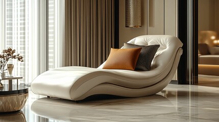 Elegant White Leather Chaise Lounge With Pillows