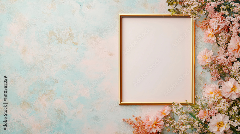 Poster empty picture frame with flowers: a clean picture frame adorned with an array of pink and peach flow