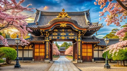 Naklejka premium Kyoto Nijo Castle Entrance: Festive Gate Decoration, Spring Cherry Blossoms, Traditional Japanese Architecture