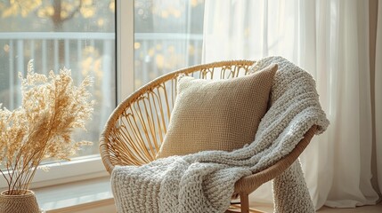 Cozy Wicker Chair With Blanket And Pillow Near Window