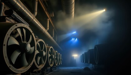 Industrial Foggy Environment with Large Fans and Dynamic Lighting