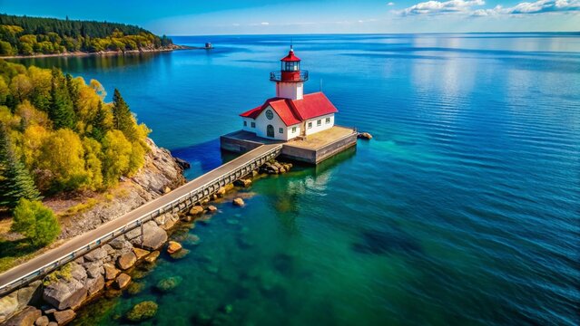 Lake Superior Lighthouse Drone Photo: Red Roof, Rocky Pier, Calm Waters, Blue Sky