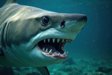 Naklejka premium Close-up of bull shark's jaws clamped on a fish head , detail, carnivore, aquatic