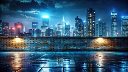 Obraz premium A well-lit brick wall at night with a cityscape in the background, featuring towering skyscrapers and neon lights reflecting off the wet pavement, cityscape, urban