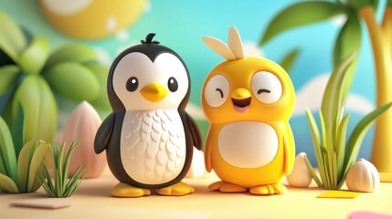 Fototapeta premium A cheerful black penguin and yellow bird standing together peacefully