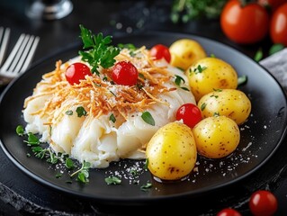 A delicious plate of roasted potatoes and fresh tomatoes garnished with herbs for a flavorful culinary experience