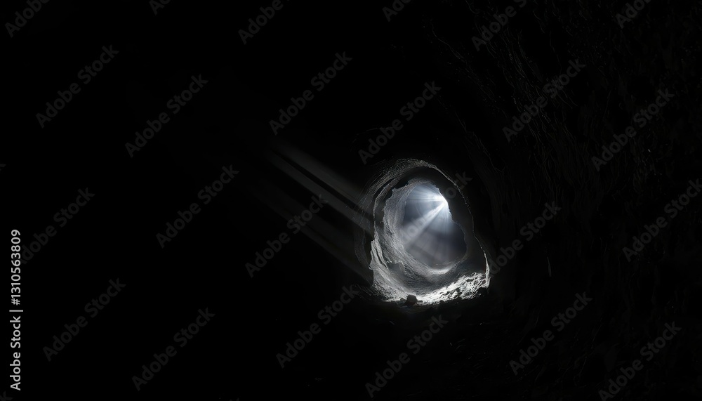 Poster light beams streaming through deep cave opening in dark environment