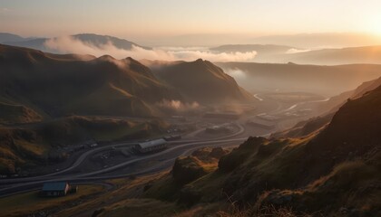 Serene Mountain Landscape with Fog at Sunrise in a Remote Valley
