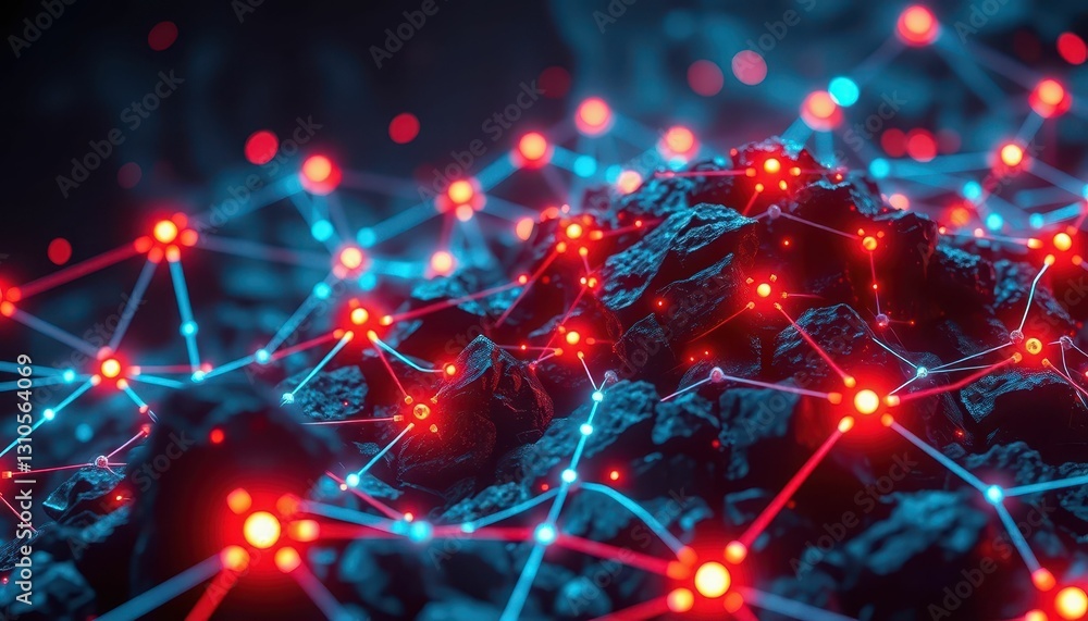 Poster abstract network interaction with red and blue light connections
