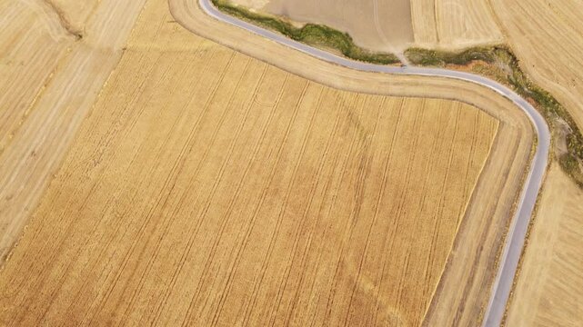 Aerial view of a wheat field in the countryside, during summer harvest season in the hills of Beja in the north of Tunisia.