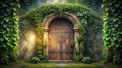 Fototapeta premium An ancient mysterious door with intricate carvings and symbols hidden behind a veil of ivy, esoteric