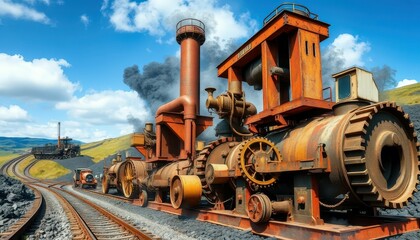 Vintage Steam Engine Locomotive on Railroad Track Under Blue Sky