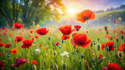 Fototapeta premium Vibrant red poppies sway gently in a warm summer breeze amidst lush green grasses and wildflowers in a sunny meadow , nature, summer meadow