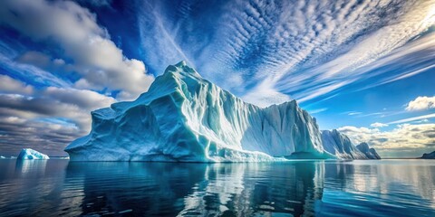 Naklejka premium Majestic iceberg floating in the sea with crystal clear blue waters and a few wispy clouds in the sky , frozen sea, glacial beauty