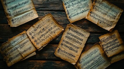 Aged musical sheets scattered on wooden surface