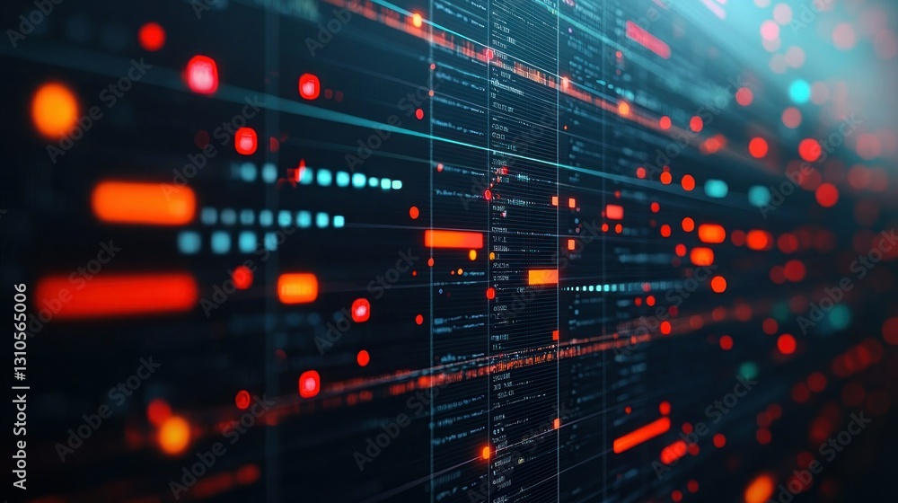 Poster digital grid of red and blue data with bright, bokeh-like lighting effects