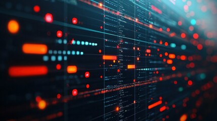 Digital grid of red and blue data with bright, bokeh-like lighting effects