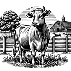 cow standing in a rural farm setting with fields, trees, barns, and grazing cattle in the background engraving generative ai sketch PNG illustration