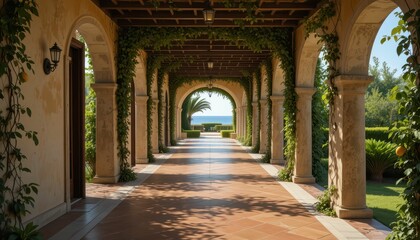 Serene Architectural Passageway with Lush Greenery and Ocean View