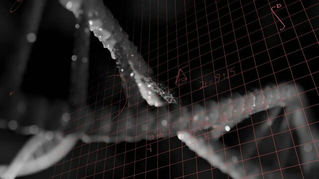 Animation of DNA strands with mathematical equations and grid overlay in school