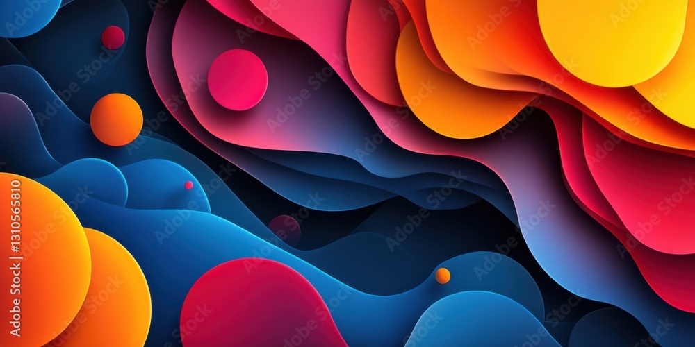Poster vibrant abstract design of colorful waves and floating shapes in vivid palette
