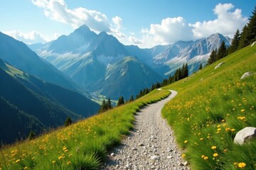 Fototapeta premium Rugged mountain path winding through alpine meadow, sky, vista