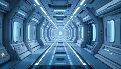 Obraz premium Futuristic Sci-Fi Corridor with Neon Lights and Metallic Walls