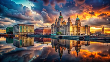 Obraz premium Liverpool Cityscape: Dramatic Sunset Over Mersey River & Iconic Architecture