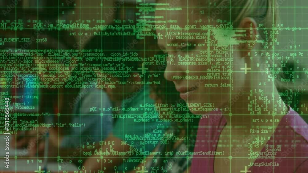 Poster focused individuals working on computers with green coding overlay in school setting
