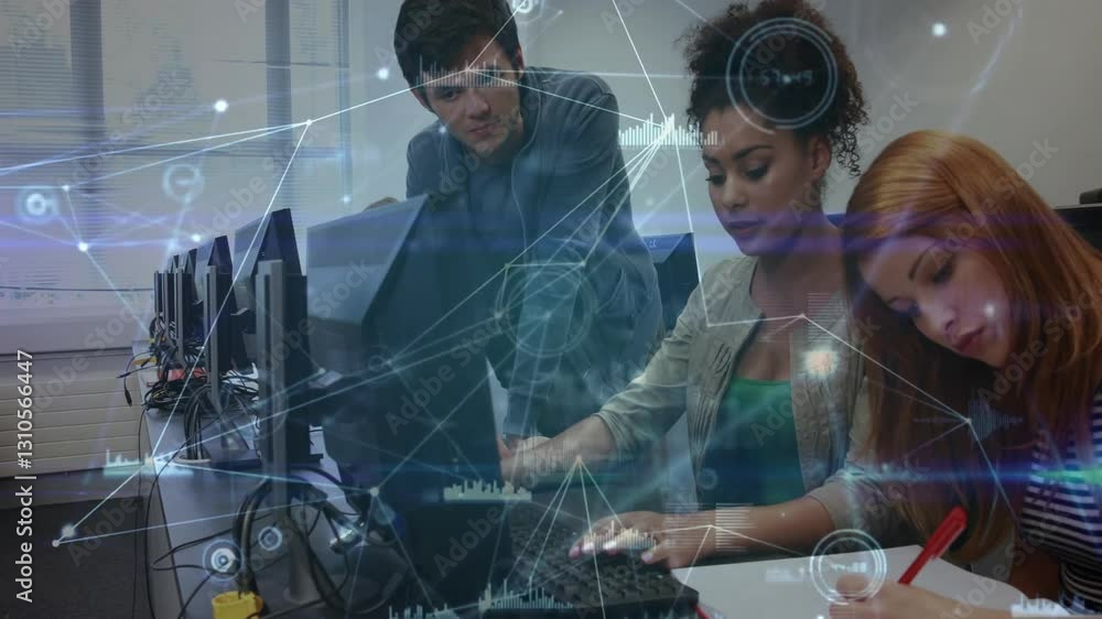 Poster in school, students collaborating on project with digital network animation overlay