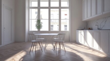 Bright, modern kitchen with dining table and natural light