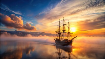 Fototapeta premium Pirate Ship at Sunrise with Fog, foggy horizon, sailing vessel, foggy horizon