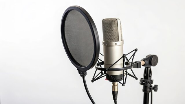 Studio Condenser Microphone with Pop Filter on White Background