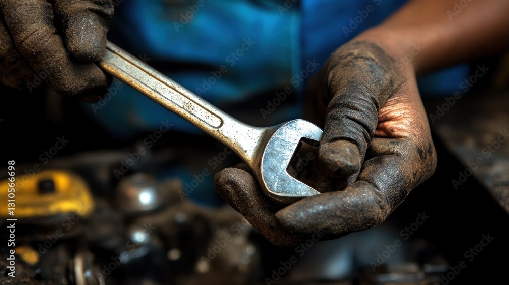 Poster mechanic using a wrench in a workshop with tools scattered