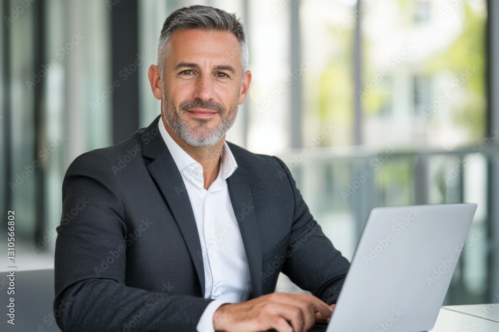 Poster man in a suit is sitting at a table with a laptop in front of him
