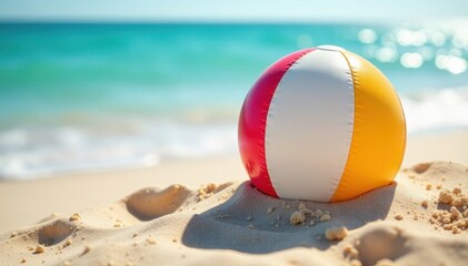 Obraz premium Beach ball tossed high, sunny day, sandy beach, beach ball, laughter